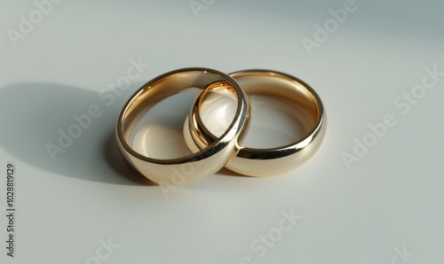 Pair of gold wedding rings, white background, 4K hyperrealistic photo