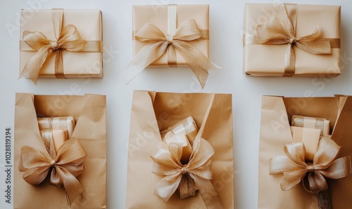 Presents wrapped in brown paper with purple ribbons arranged on a table for a...