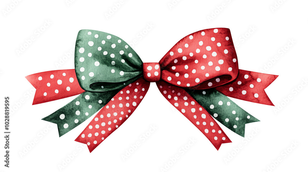 Die-cut festive bow in red and green with polka dots, white isolate background. Die-cut festive bow in red and green with polka dots, white isolate background.
