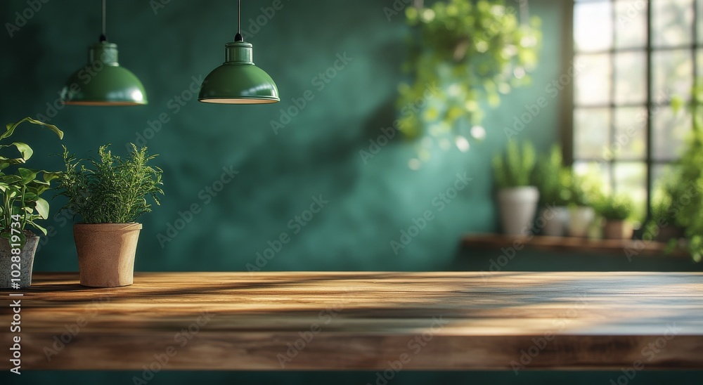 A bright and inviting kitchen with green walls and indoor plants during the afternoon light A bright and inviting kitchen with green walls and indoor plants during the afternoon light