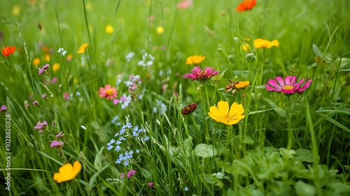 The beauty of wild meadow grass adorned with delicate flowers in vibrant spring colors background