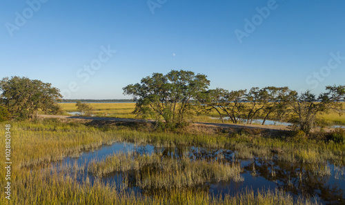 Sunset over low country marsh lands