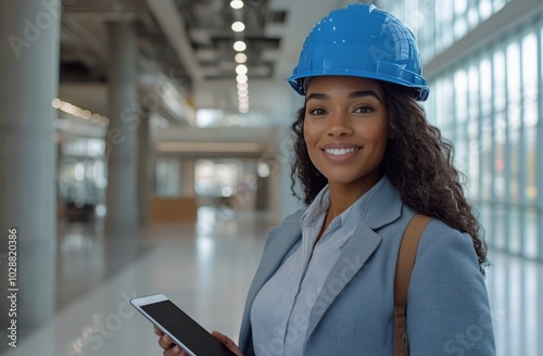 Construction professional smiling indoors with safety helmet amid greenery in...