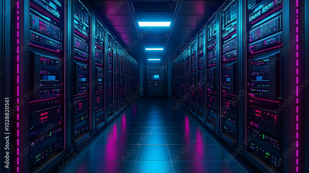 A futuristic data center with illuminated server racks. A futuristic data center with illuminated server racks.
