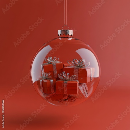 Decorative glass ornament containing red gift boxes hanging against a pink ba...