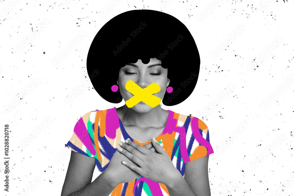 Fototapeta premium Photo collage image young girl censorship mouth crossed sign blocked banned muted discrimination prohibition speechless rights protest
