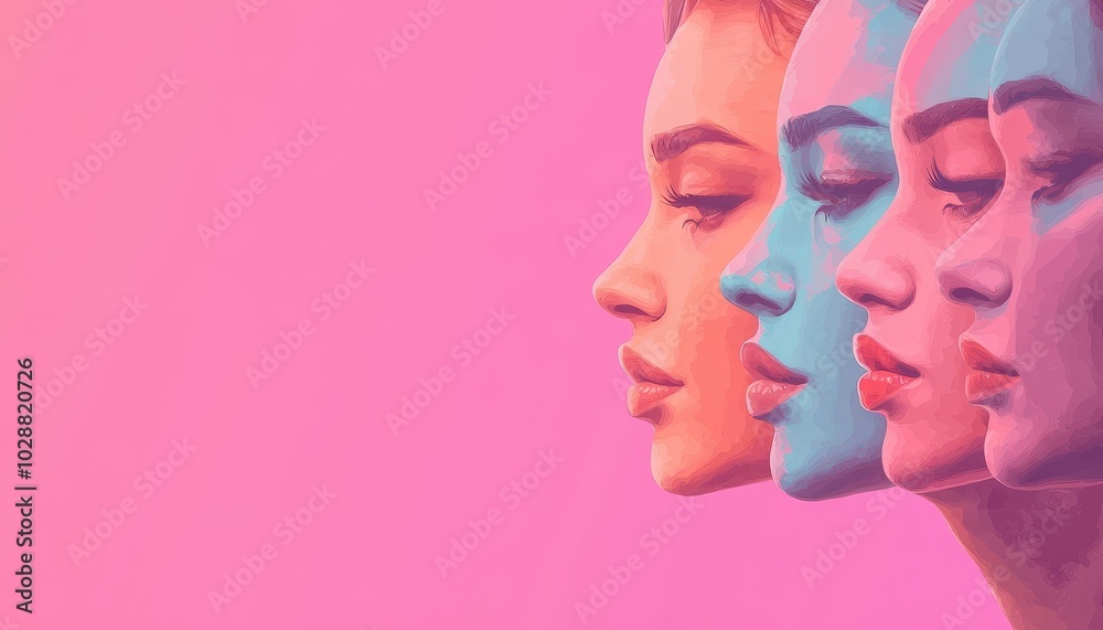 Celebrating Women's Day on March 8 with vibrant faces on a pastel pink background