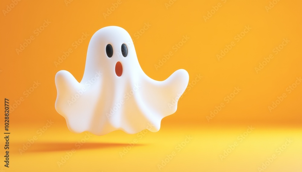 A whimsical cartoon ghost with a surprised expression floats against orange backdrop A whimsical cartoon ghost with a surprised expression floats against orange backdrop