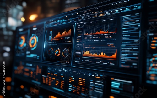 Futuristic financial dashboard showcasing holographic graphs and charts, glowing data streams in dark space, hightech representation of market analytics