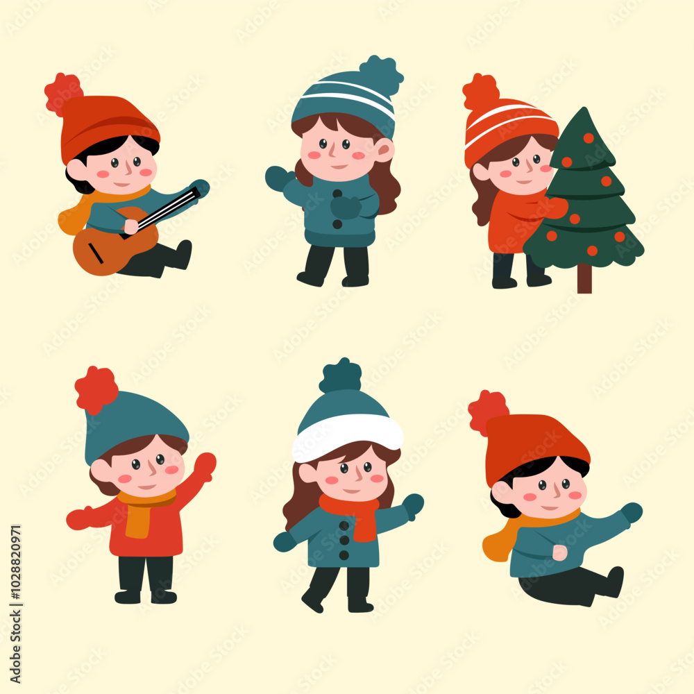 set of collection child playing on christmas season vector set of collection child playing on christmas season vector