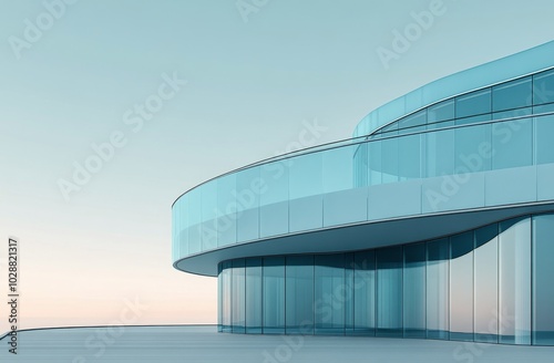 Modern glass building with curved design overlooking a clear blue sky in an u...