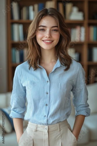 Young woman with long hair smiles in a cozy library setting during daylight h...