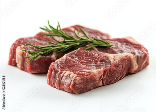 Freshly cut beef steaks with rosemary sprigs on white background