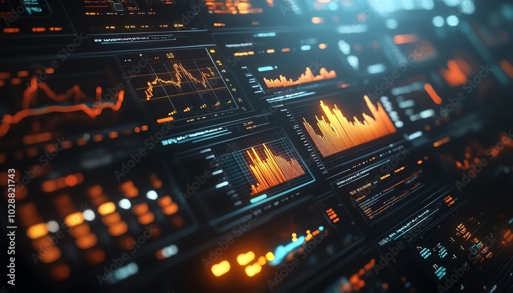 Hightech financial dashboard with floating holographic charts and graphs, glowing data streams in dark space, representing global economic dynamics Hightech financial dashboard with floating holographic charts and graphs, glowing data streams in dark space, representing global economic dynamics
