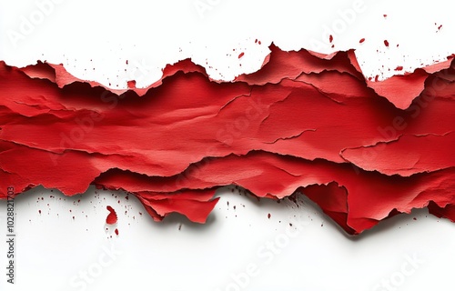 Frayed red paper tearing to reveal a white background with splattered paint e...