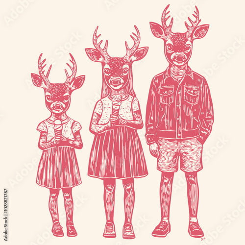 Children in deer masks, retro engraving style, vector illustration