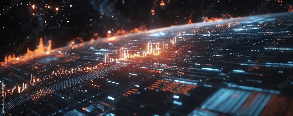 Holographic 3D financial visualization with charts and graphs, dark space backdrop, radiant data streams and market indicators for global economics Holographic 3D financial visualization with charts and graphs, dark space backdrop, radiant data streams and market indicators for global economics