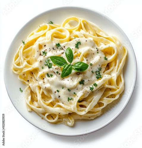 Creamy fettuccine alfredo served on a plate with fresh parsley garnish and elegant presentation photo