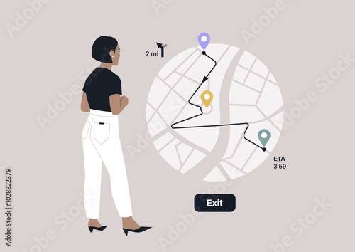 A traveler stands intently looking at a navigation map, considering their journey ahead, The map illustrates a winding route leading to an exit, with estimated travel time clearly marked