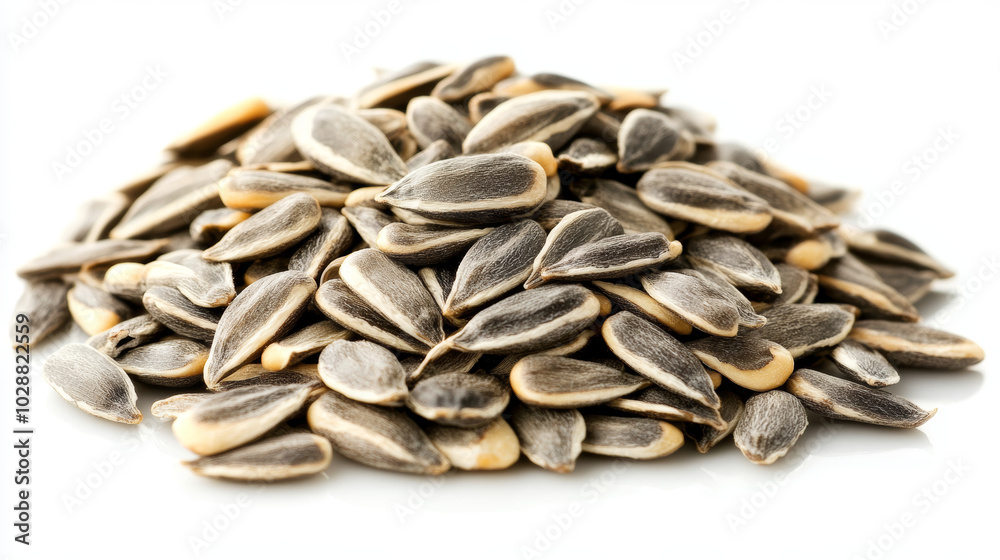 A visually appealing image of a pile of peeled sunflower seeds isolated on a white background. The raw sunflower kernels are displayed in a way that highlights their natural texture and color, A visually appealing image of a pile of peeled sunflower seeds isolated on a white background. The raw sunflower kernels are displayed in a way that highlights their natural texture and color,