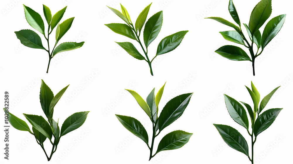 Fototapeta premium Various green tea leaves arranged artistically on a white background.