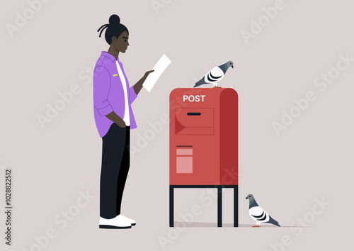A thoughtful figure stands next to a vibrant post box, engrossed in reading a letter, while two pigeons curiously observe the moment, creating a serene urban atmosphere