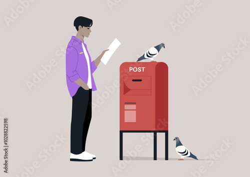 A thoughtful figure stands next to a vibrant post box, engrossed in reading a letter, while two pigeons curiously observe the moment, creating a serene urban atmosphere