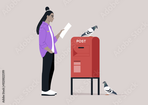 A thoughtful figure stands next to a vibrant post box, engrossed in reading a letter, while two pigeons curiously observe the moment, creating a serene urban atmosphere