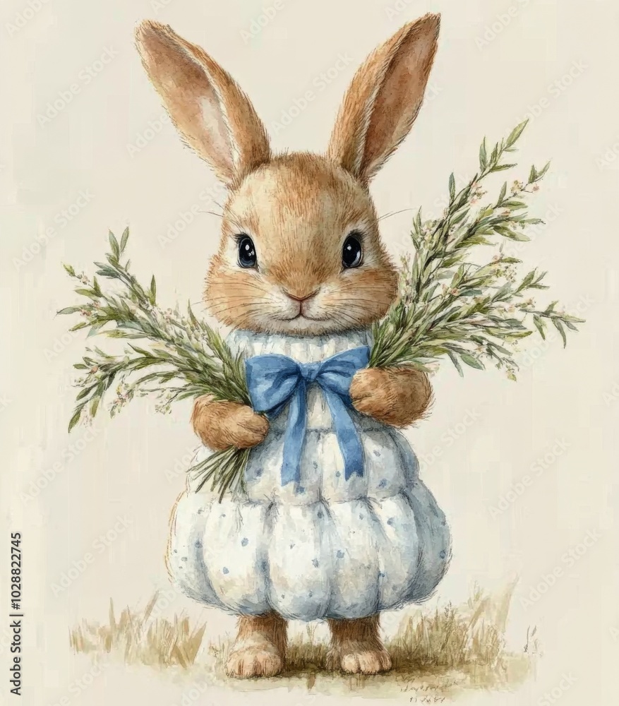 Obraz premium Cute rabbit holding a twig with leaves while wearing a blue ribbon against a light background