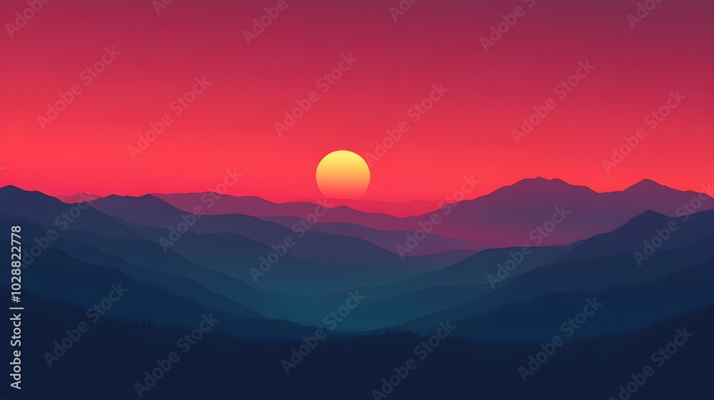 Sunset over Mountains Red Sky Silhouette Landscape Sunset over Mountains Red Sky Silhouette Landscape