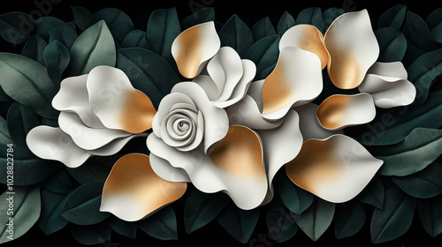 Abstract composition of paper-like white and gold petals surrounded by dark green textured leaves in a decorative arrangement