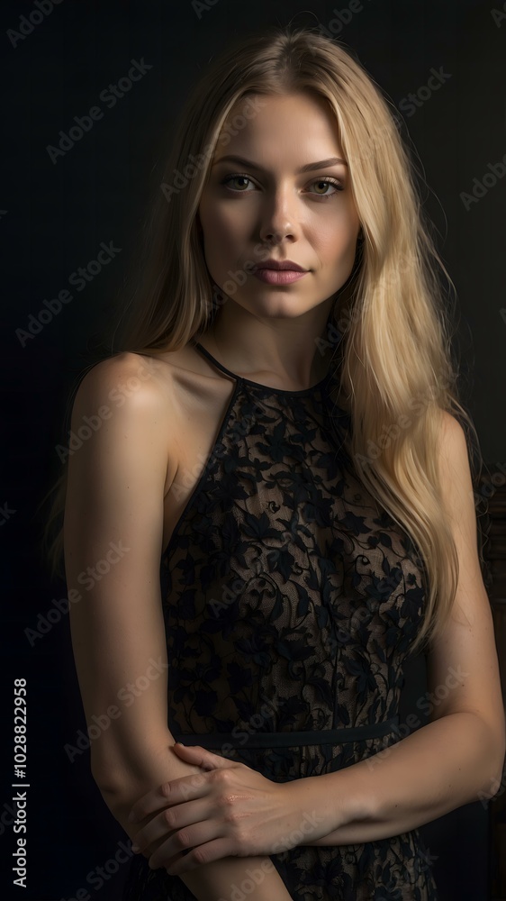 Elegant woman with long straight blonde hair in lace dress posing against dark background Elegant woman with long straight blonde hair in lace dress posing against dark background