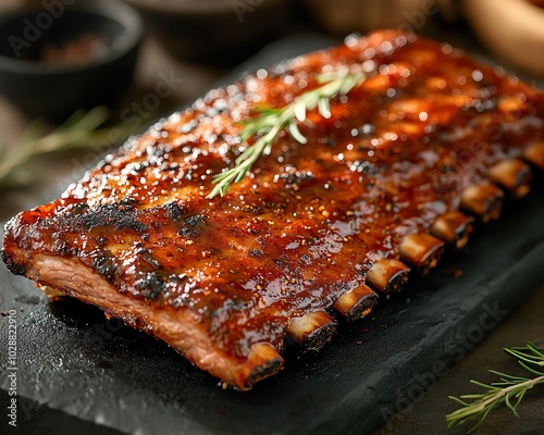 Appetizing closeup of smoked BBQ ribs, rich caramelization on the outside, visible spices, and juicy tender meat, ready to be enjoyed photo