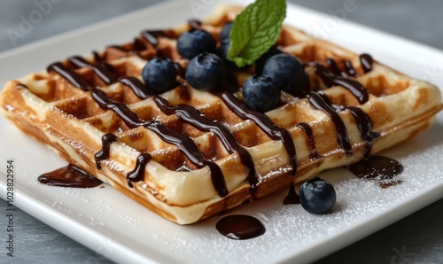 Deliciously crafted waffle topped with bananas, blueberries, and chocolate sa...