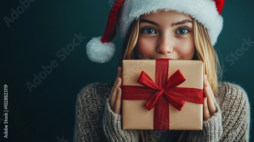 Young woman in a Christmas hat joyfully holding a gift box indoors during the...