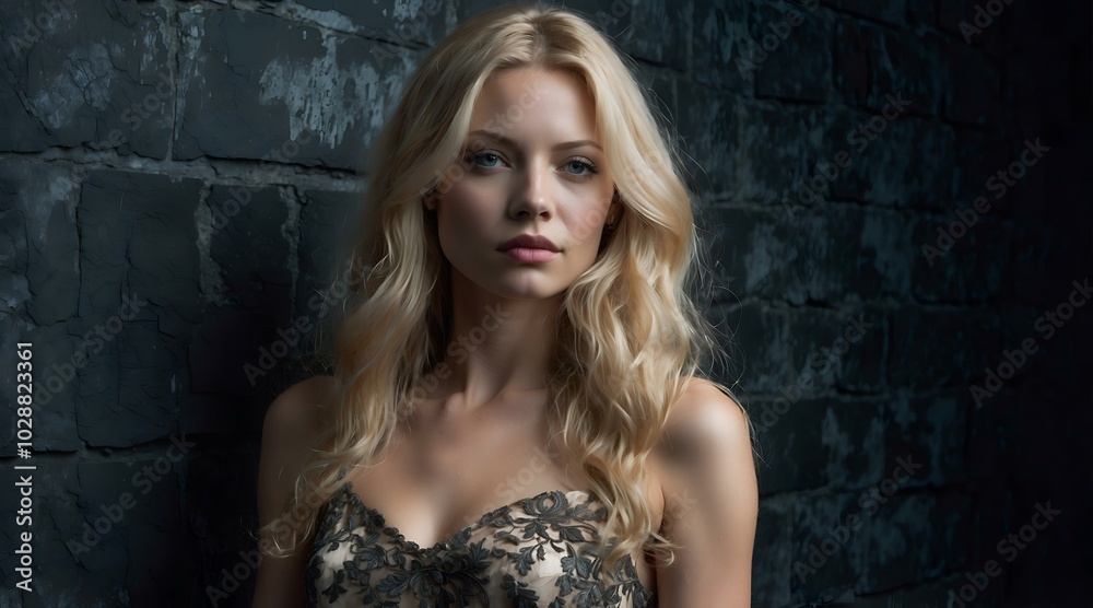 Fototapeta premium Elegant woman with long wavy blonde hair in lace dress posing against textured stone background