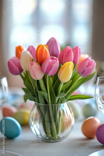 Brightly colored tulips and decorative eggs adorn a spring dining table setti...