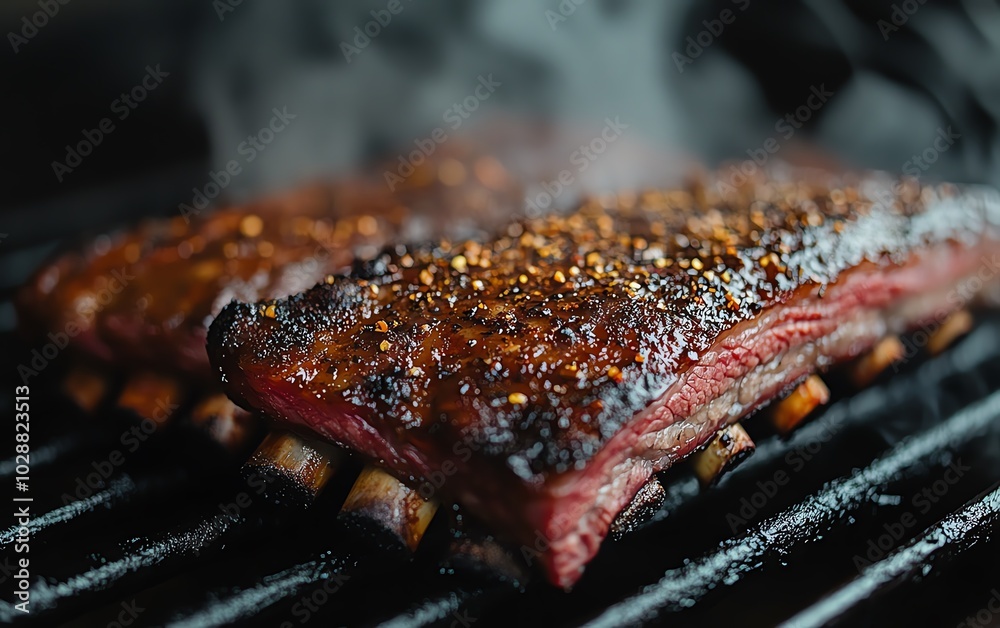Closeup shot of BBQ ribs in a smoker, featuring a deliciously caramelized crust, visible spices, and juicy tender meat waiting to be savored Closeup shot of BBQ ribs in a smoker, featuring a deliciously caramelized crust, visible spices, and juicy tender meat waiting to be savored