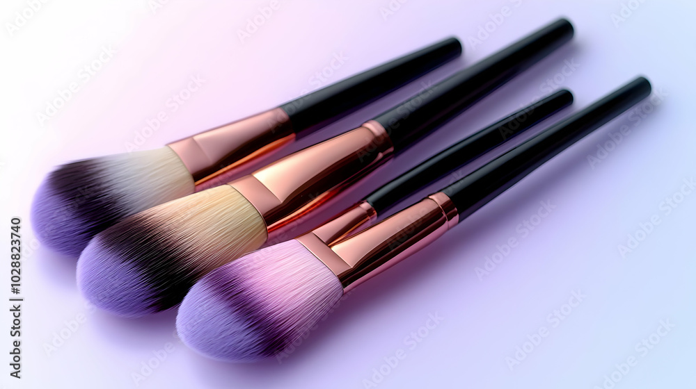 Three makeup brushes with gradient bristles on a soft background. Three makeup brushes with gradient bristles on a soft background.