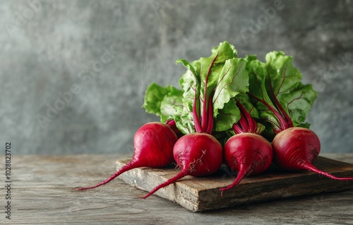 Fresh radishes with green leaves on a wooden board against a textured gray ba...