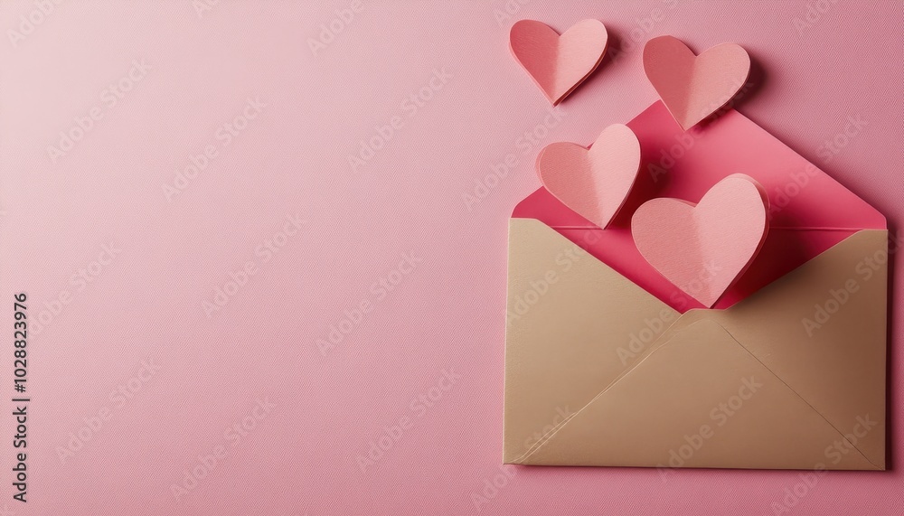Crafted love letter envelope with paper hearts on pink background for Valentine's Day