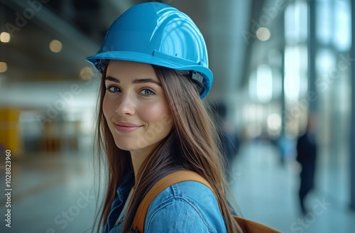 Construction professional smiling indoors with safety helmet amid greenery in...