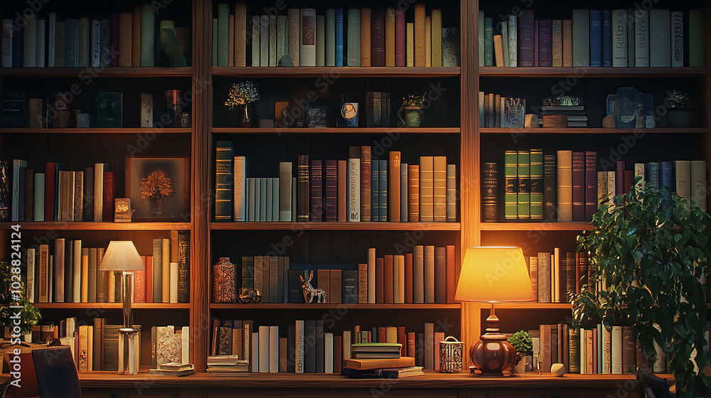 Background of a bookshelf with books and decor items Background of a bookshelf with books and decor items