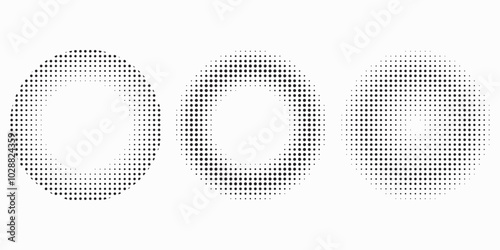 Circle dot frame. Circular border with halftone effect. Modern faded ring. Rounded semitone shape. Ballpoint boarding house. Dotted geometric pattern