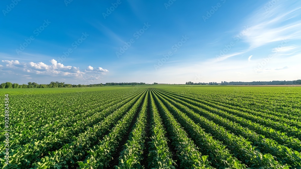 Vast green farmland under a clear blue sky, showcasing neatly aligned rows of crops stretching into the horizon. Ideal for agriculture themes. Vast green farmland under a clear blue sky, showcasing neatly aligned rows of crops stretching into the horizon. Ideal for agriculture themes.