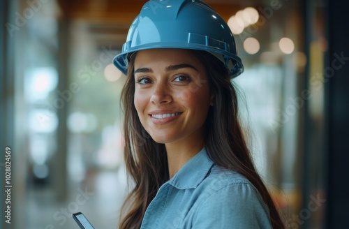 Construction professional smiling indoors with safety helmet amid greenery in bright setting