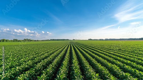 Vast green farmland under a clear blue sky, showcasing neatly aligned rows of crops stretching into the horizon. Ideal for agriculture themes.
