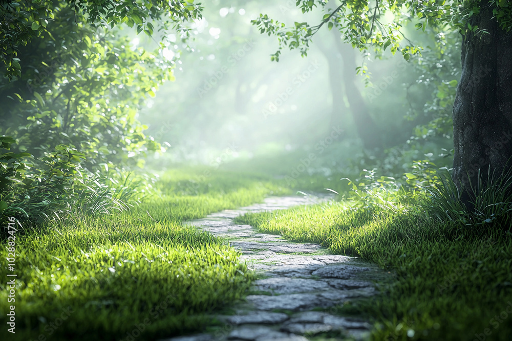 Fototapeta premium Serene forest pathway surrounded by lush greenery in morning light