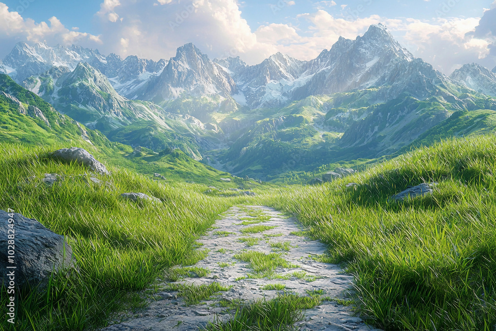 Lush green valley with majestic mountains under bright blue sky
