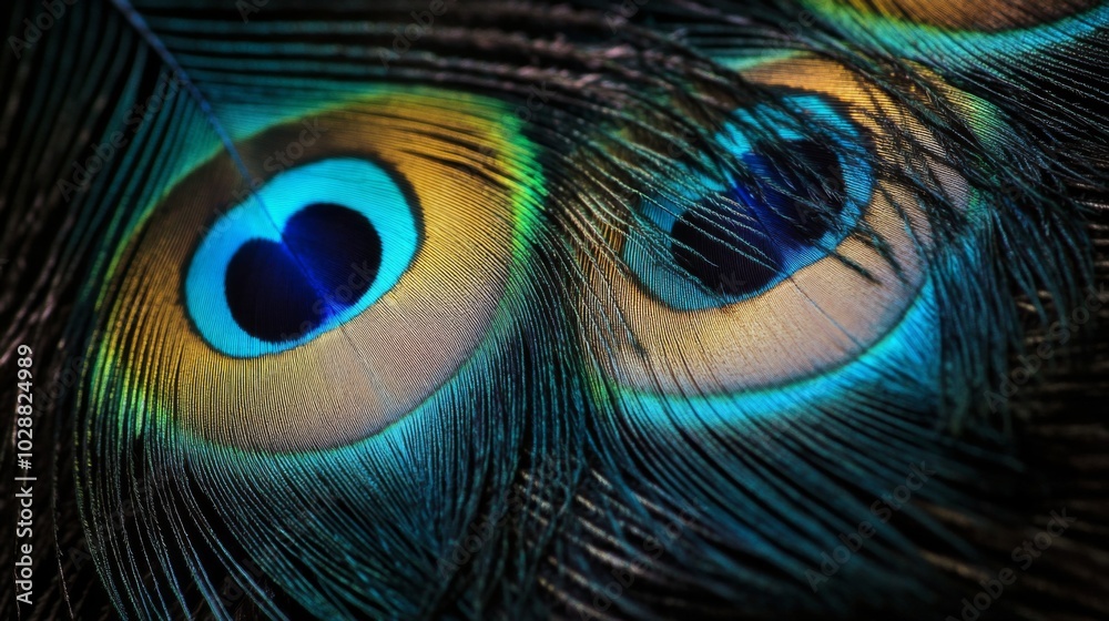 Obraz premium Close-up of two peacock feathers, showcasing their iridescent blue, green, and gold hues, with intricate patterns and a prominent eye-like design
